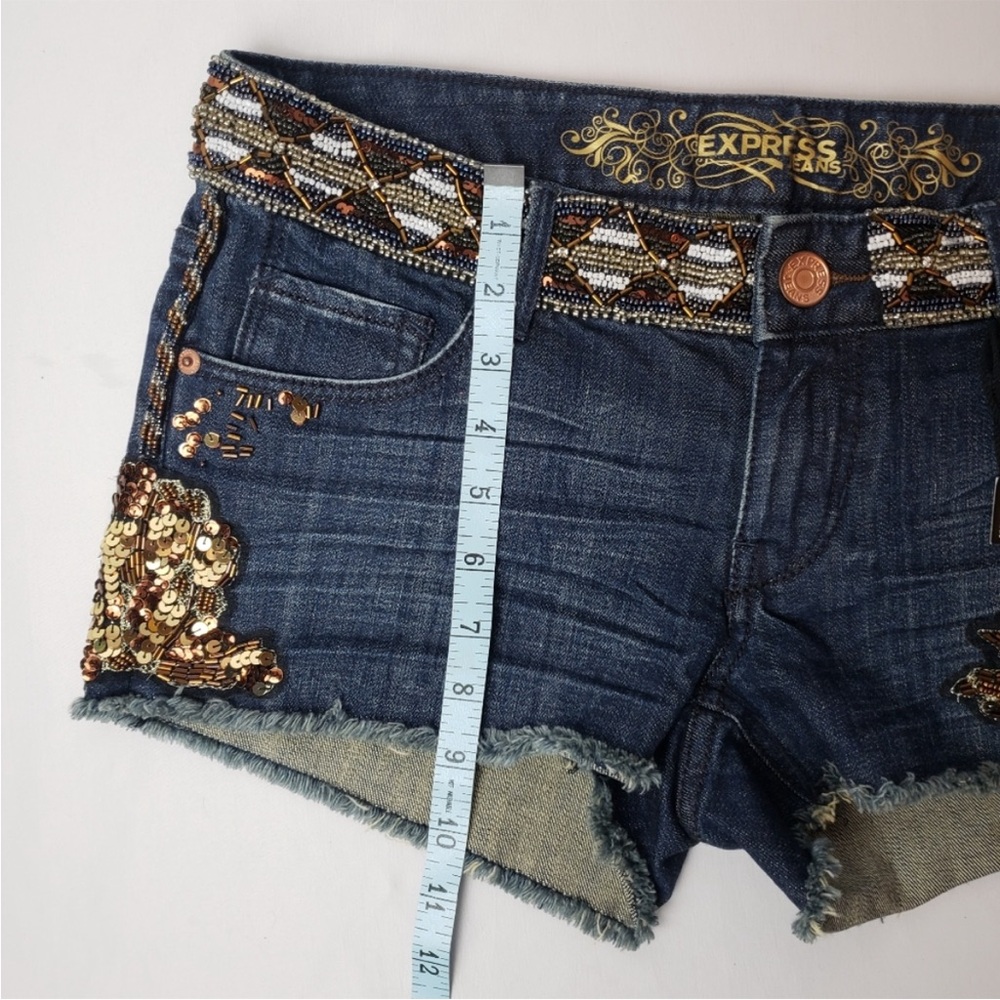 NWT Express gorgeous bronze gold and white sequined and beaded blue jeans - Picture 12 of 16